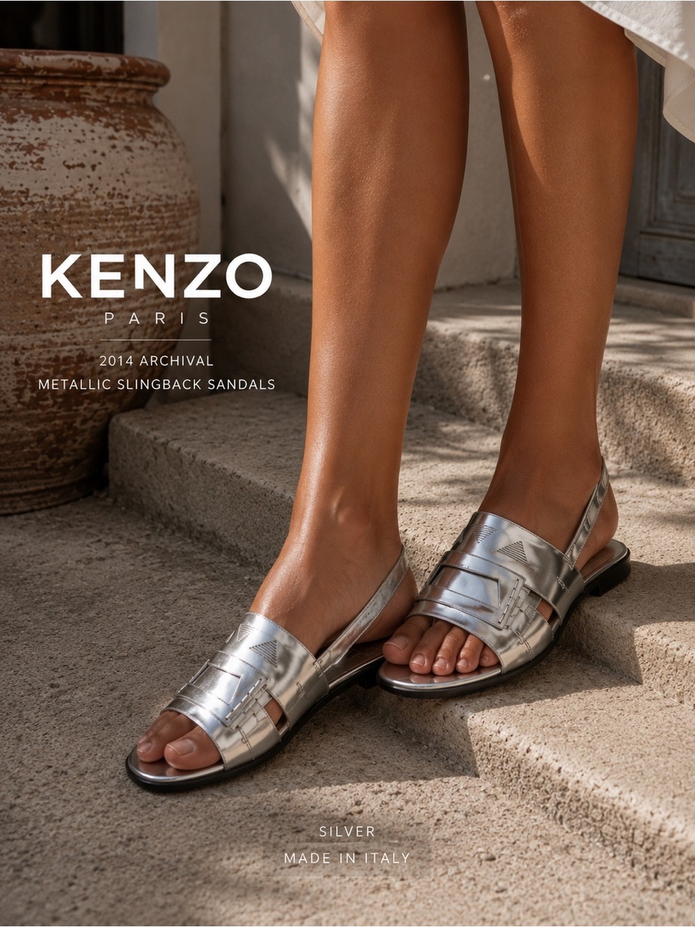 🇮🇹Kenzo Paris2014 Archival Metallic Slingback Sandals EU 37Silver Designer Runwa